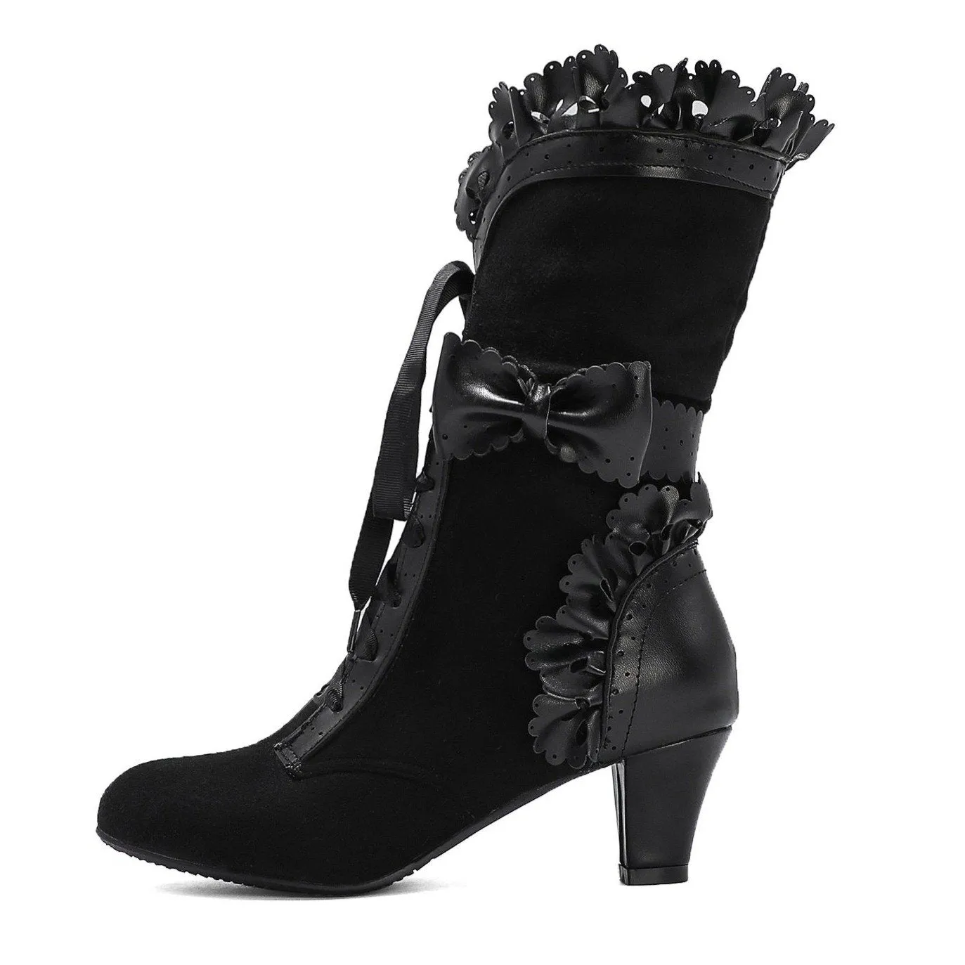 Women cute bowknot hollow flower lace up chunky heel mid calf boots