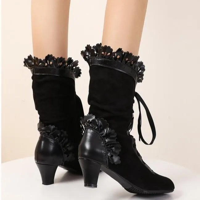 Women cute bowknot hollow flower lace up chunky heel mid calf boots