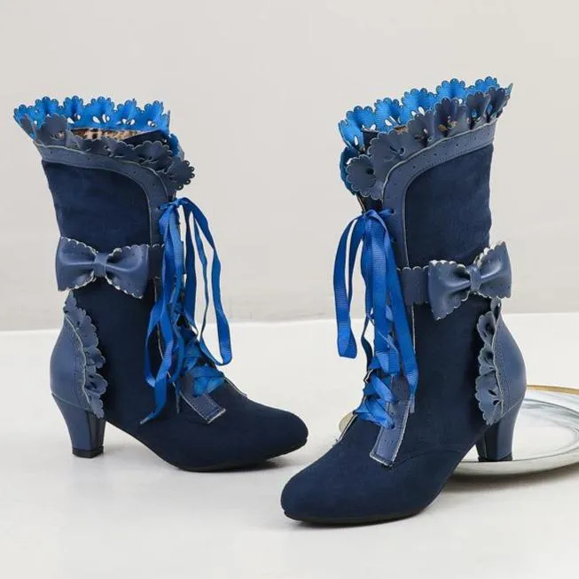 Women cute bowknot hollow flower lace up chunky heel mid calf boots