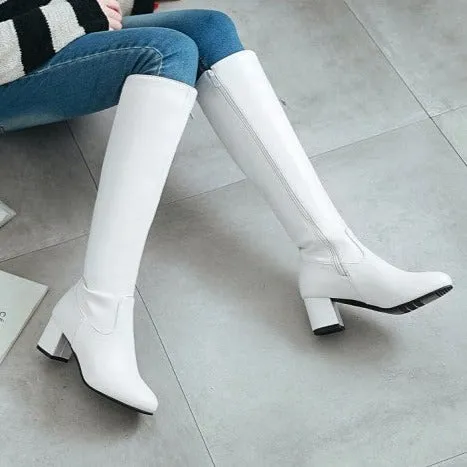 Women knee high boots winter fall long minimalist side zipper chunky heel boots