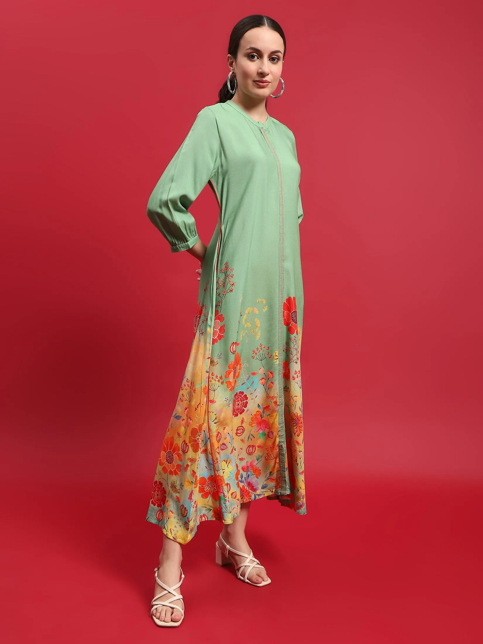 Women Liva (Rayon) Green Floral Print Dress