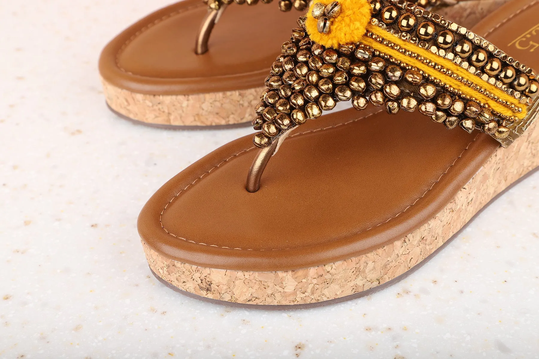 Women Mustard Embellished Ethnic Kitten Sandals