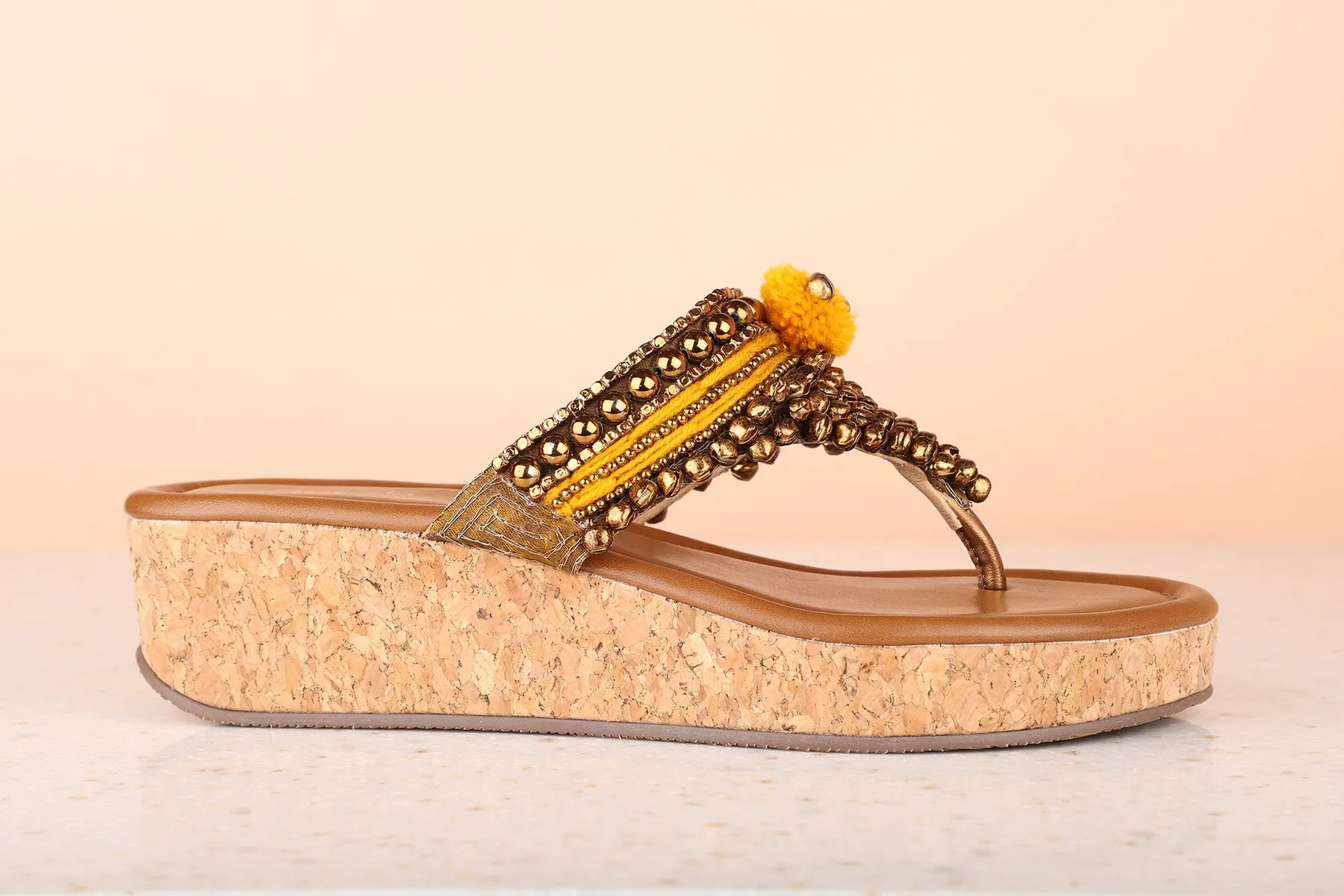 Women Mustard Embellished Ethnic Kitten Sandals