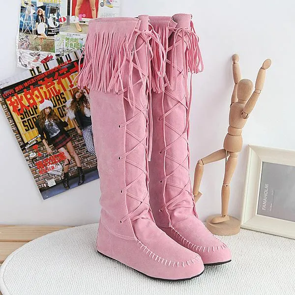 Women winter fringe criss cross lace up knee high boots