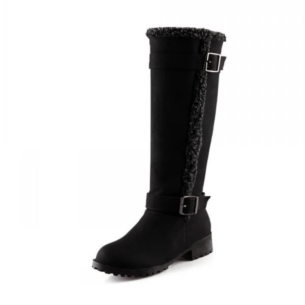 Women winter knee high faux fur chunky heel buckle strap snow boots