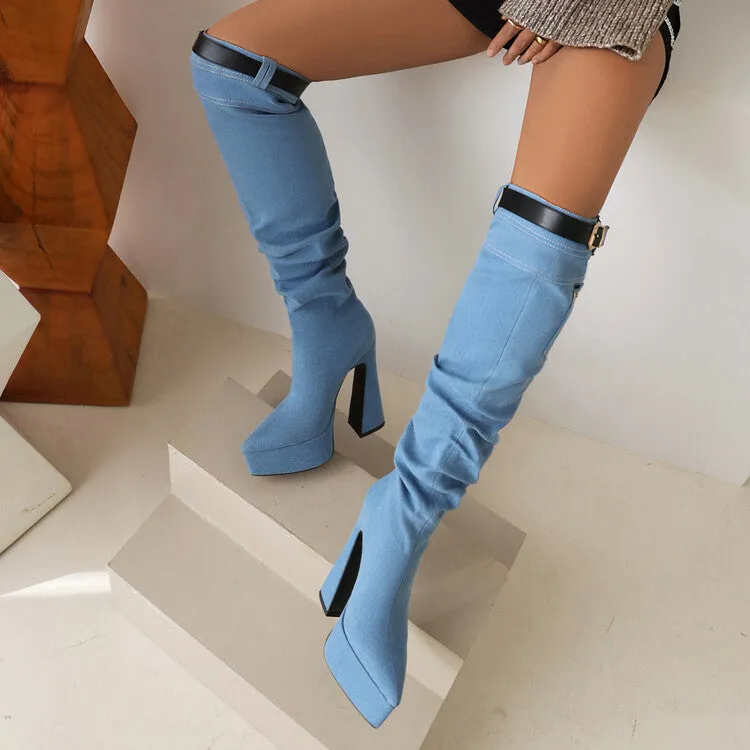 Women's Denim Pointed Toe Pocket Buckle Straps Spool Heel Platform Knee High Boots