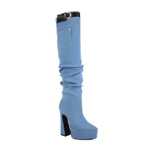 Women's Denim Pointed Toe Pocket Buckle Straps Spool Heel Platform Knee High Boots