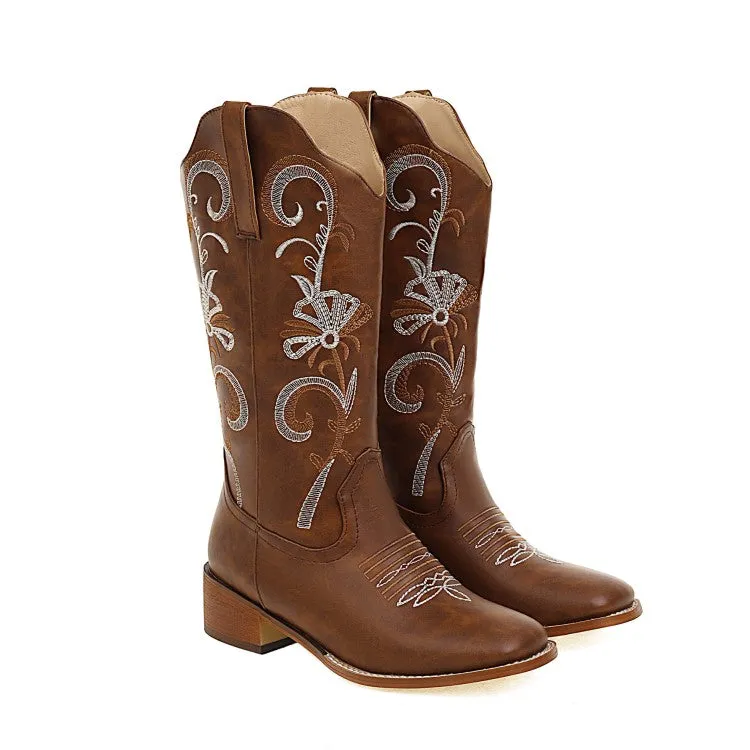 Women's Embroidery Block Heel Cowboy Mid Calf Boots