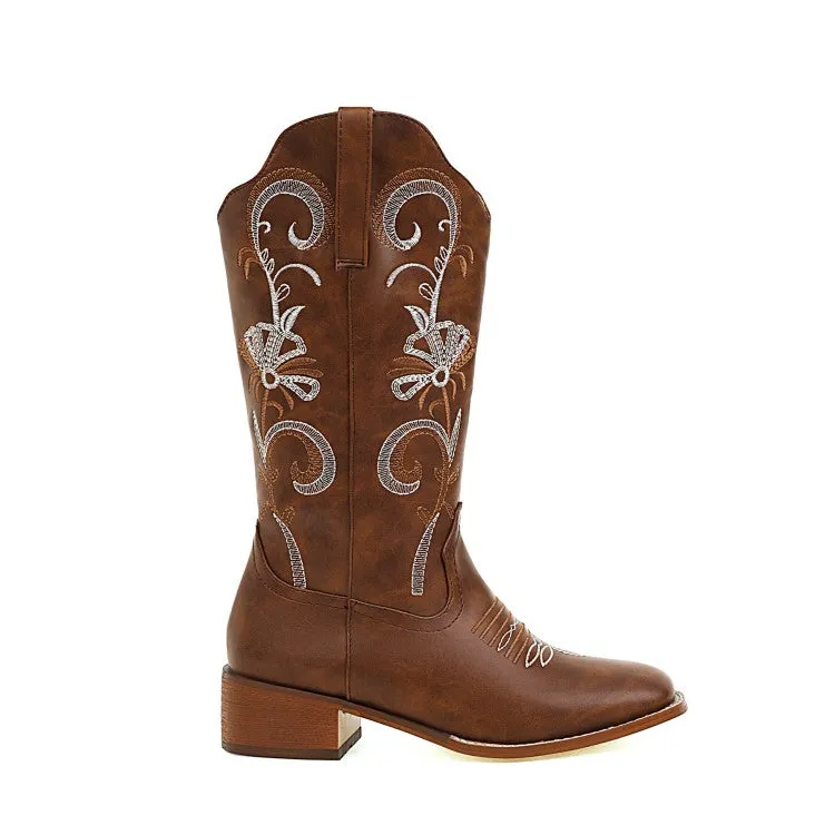 Women's Embroidery Block Heel Cowboy Mid Calf Boots