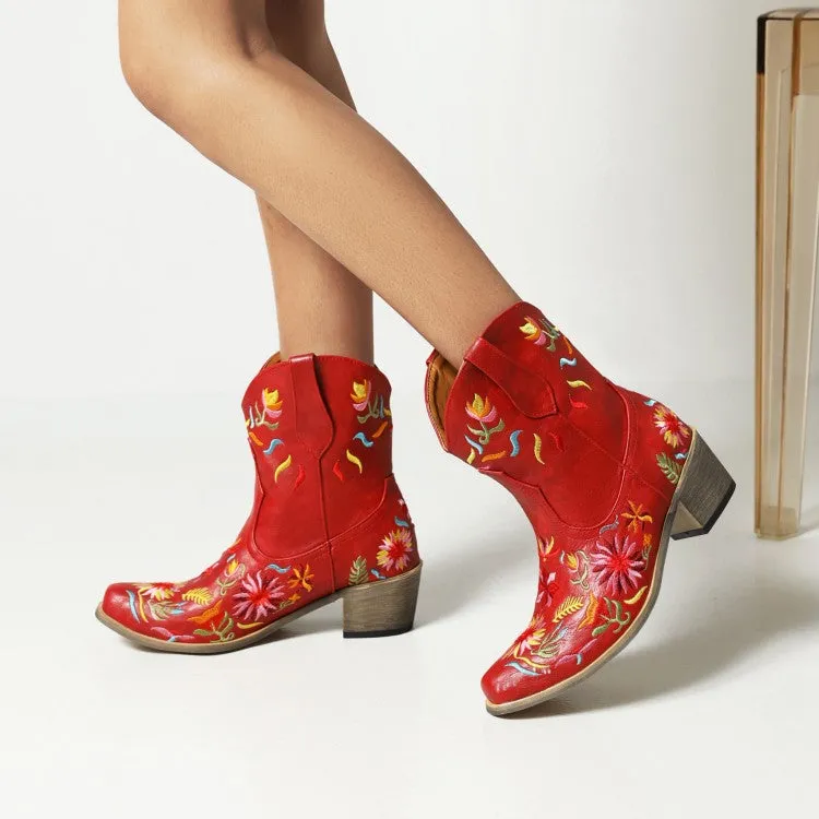 Women's Ethnic Embroidery Block Heel Cowboy Short Boots