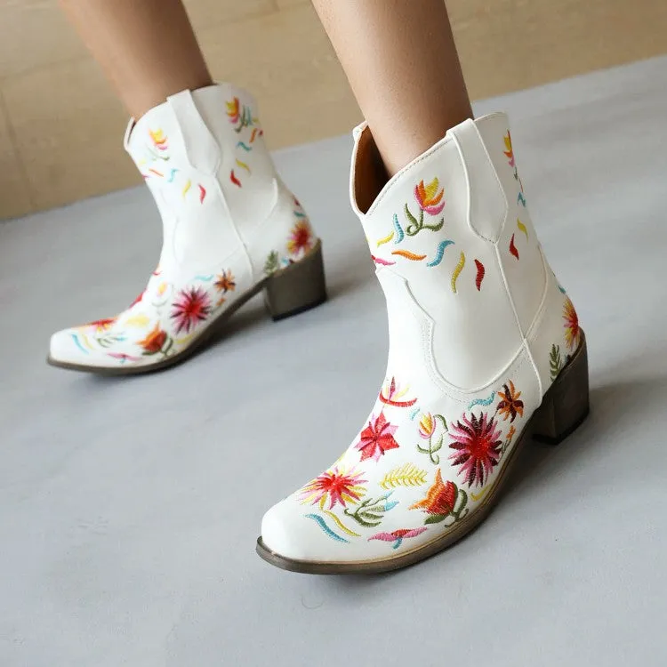 Women's Ethnic Embroidery Block Heel Cowboy Short Boots