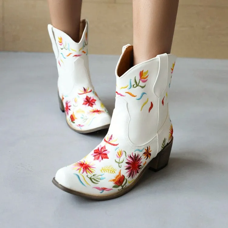 Women's Ethnic Embroidery Block Heel Cowboy Short Boots