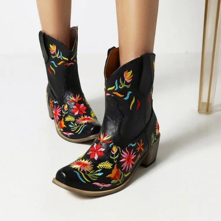 Women's Ethnic Embroidery Block Heel Cowboy Short Boots