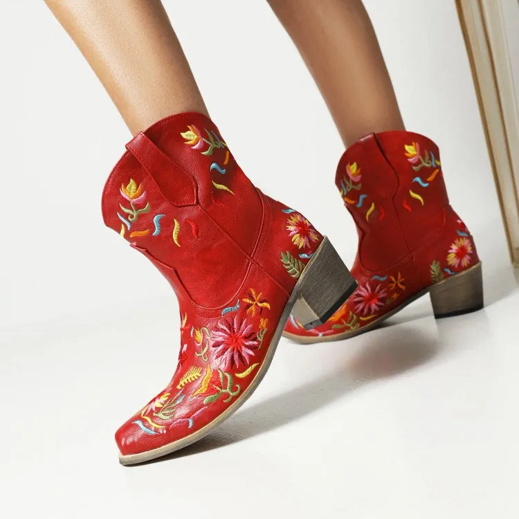 Women's Ethnic Embroidery Block Heel Cowboy Short Boots