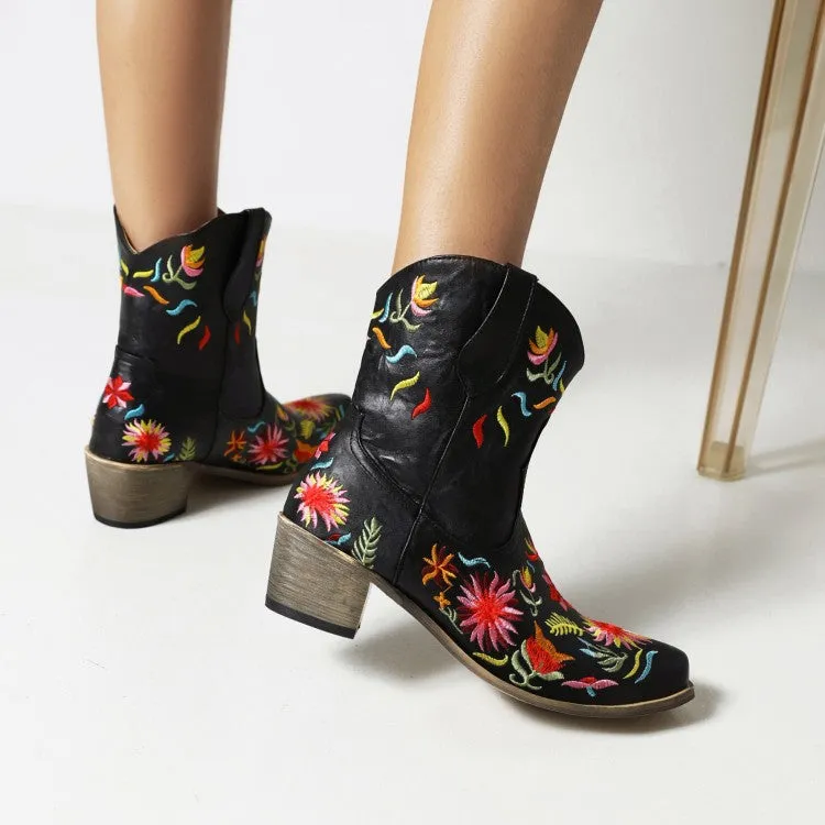 Women's Ethnic Embroidery Block Heel Cowboy Short Boots