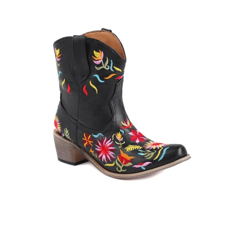 Women's Ethnic Embroidery Block Heel Cowboy Short Boots