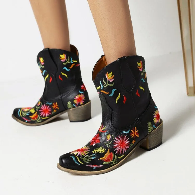 Women's Ethnic Embroidery Block Heel Cowboy Short Boots