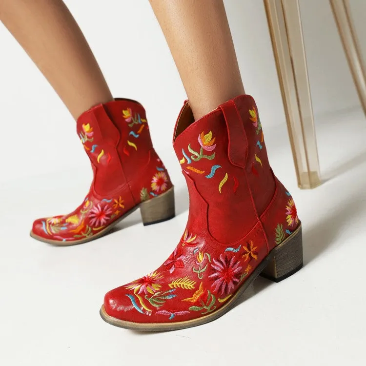 Women's Ethnic Embroidery Block Heel Cowboy Short Boots