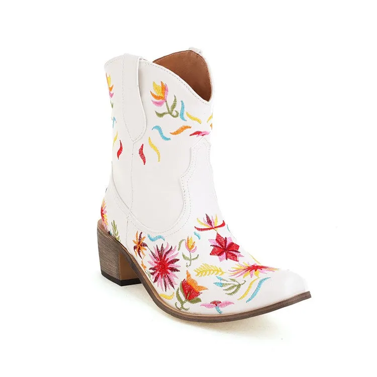 Women's Ethnic Embroidery Block Heel Cowboy Short Boots