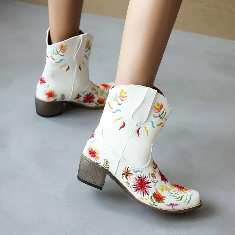 Women's Ethnic Embroidery Block Heel Cowboy Short Boots