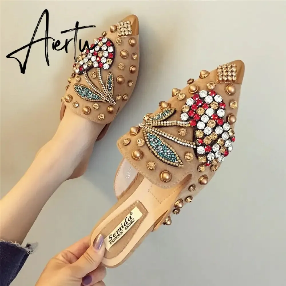 Women's Flats Pointed Toe Loafers Slip-on Mules Ballet Slippers Wedding Platform Casual Female Shoes Metal Luxury Shoes Ladies