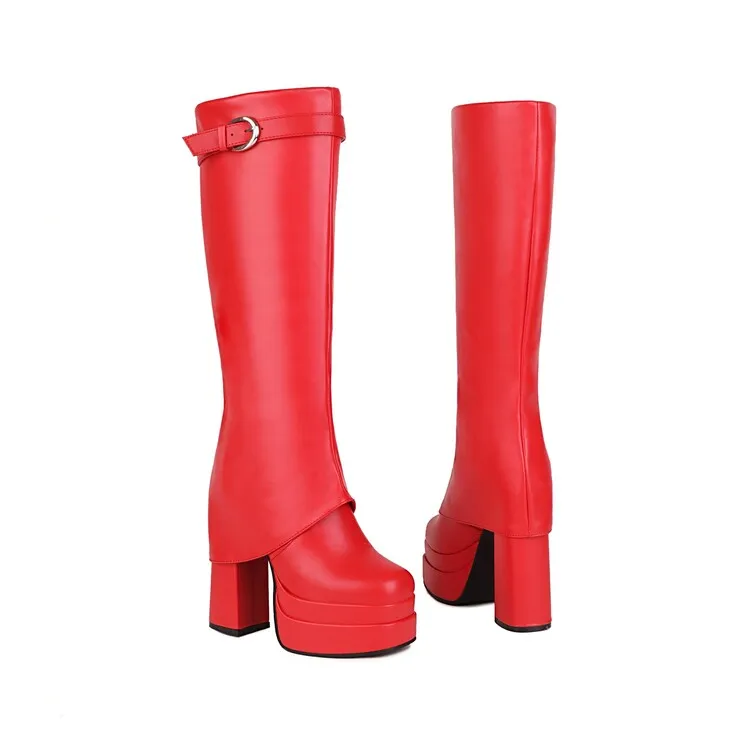 Women's Fold Pu Leather Square Toe Block Heel Platform Knee High Boots