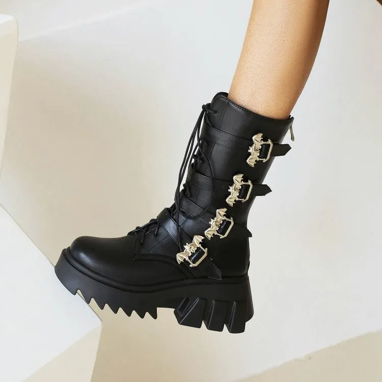 Women's Glossy Metal Buckle Straps Lace Up Block Chunky Heel Platform Mid-calf Boots