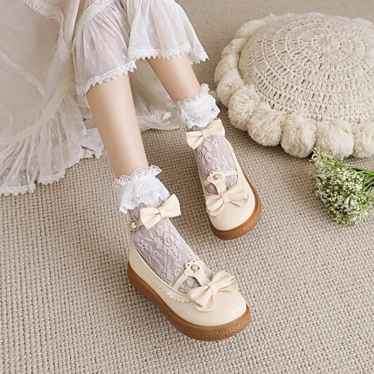 Women's Lolita Round Toe Ankle Strap Butterfly Knot Bowtie Flat Shoes