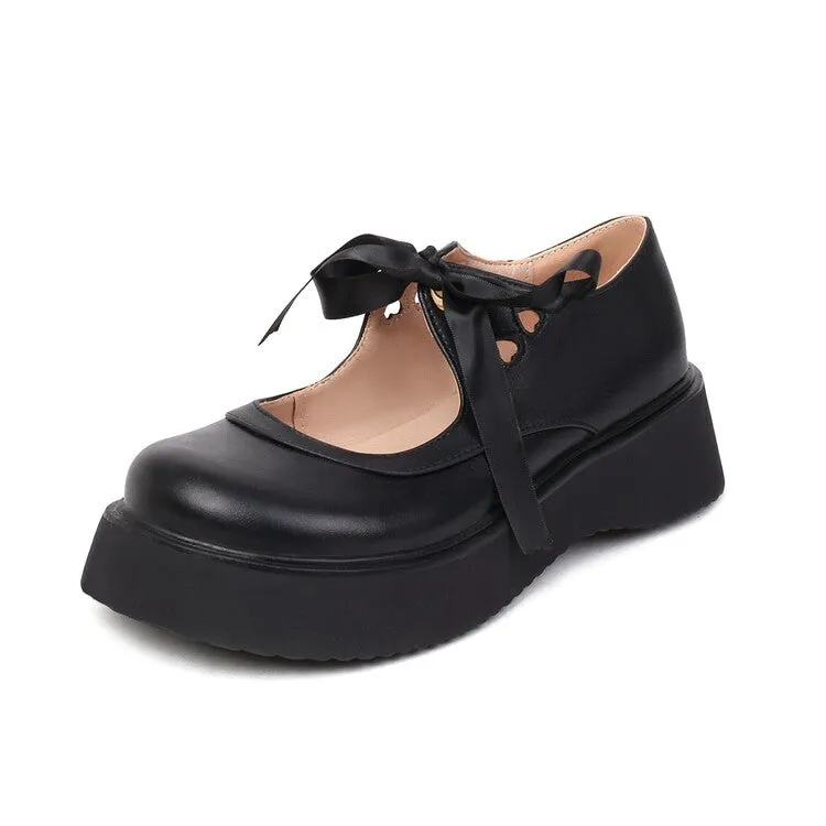 Women's Lolita Round Toe Bow Tie Shallow Flat Platform Pumps