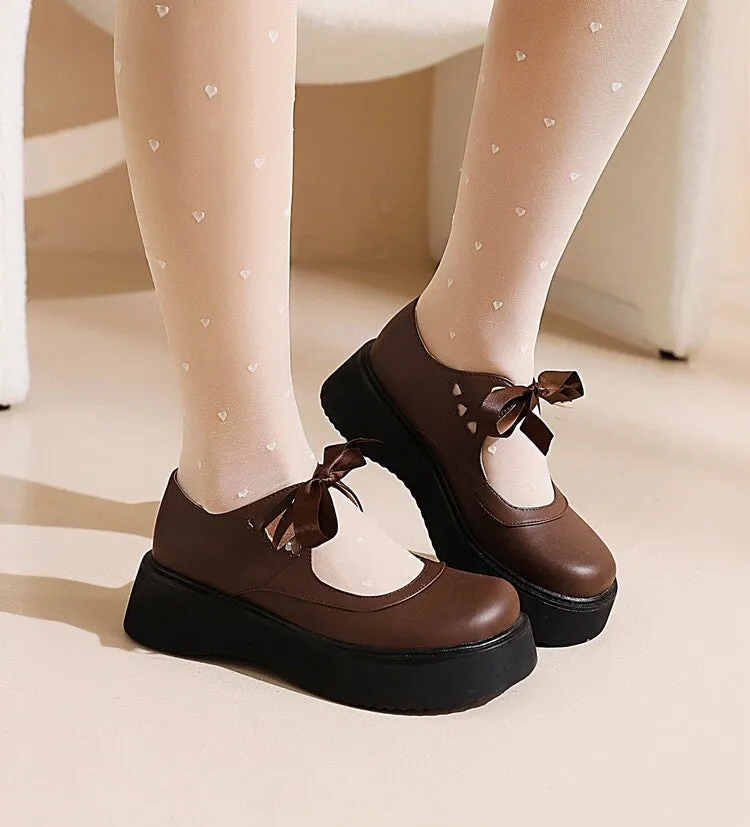 Women's Lolita Round Toe Bow Tie Shallow Flat Platform Pumps