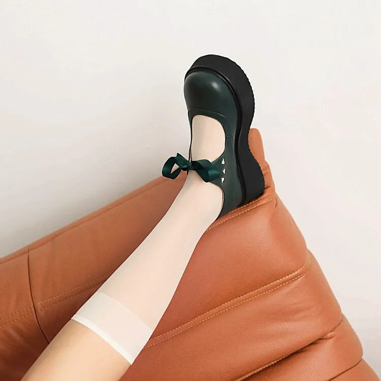 Women's Lolita Round Toe Bow Tie Shallow Flat Platform Pumps