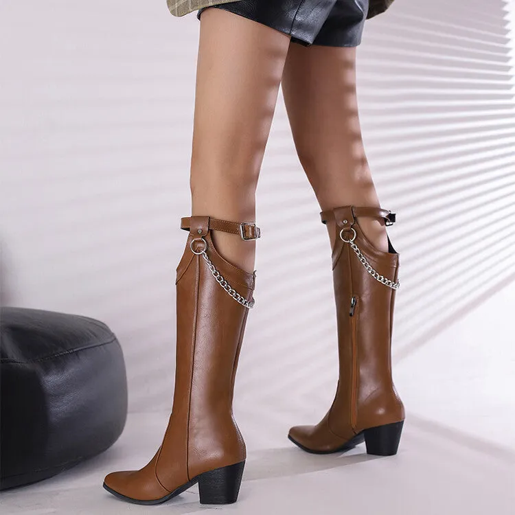 Women's Pointed Toe Buckle Straps Side Zippers Metal Chains Puppy Heel Mid-Calf Boots