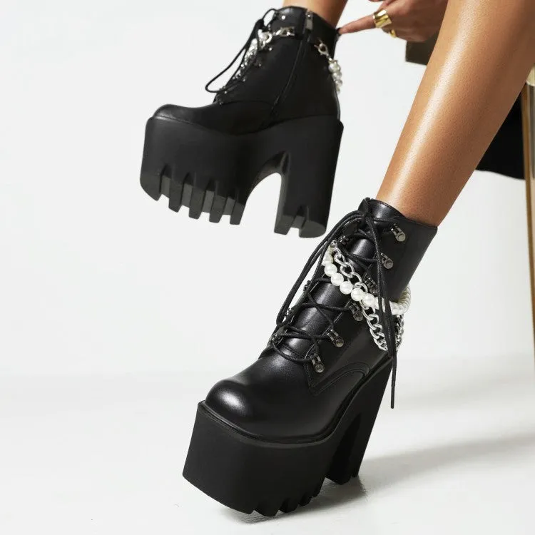 Women's Pu Leather Lace Up Metal Pearls Chains Block Chunky Heel Platform Riding Ankle Boots