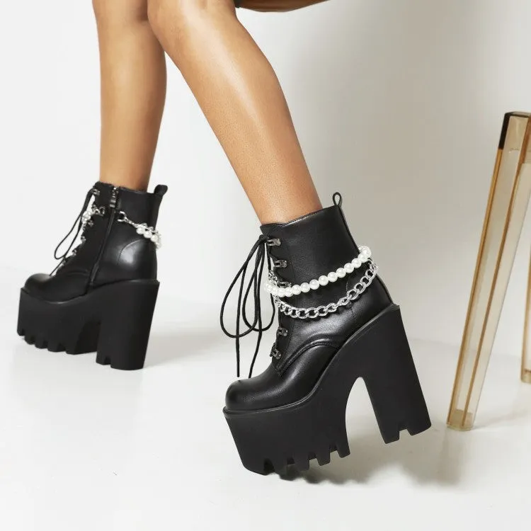 Women's Pu Leather Lace Up Metal Pearls Chains Block Chunky Heel Platform Riding Ankle Boots