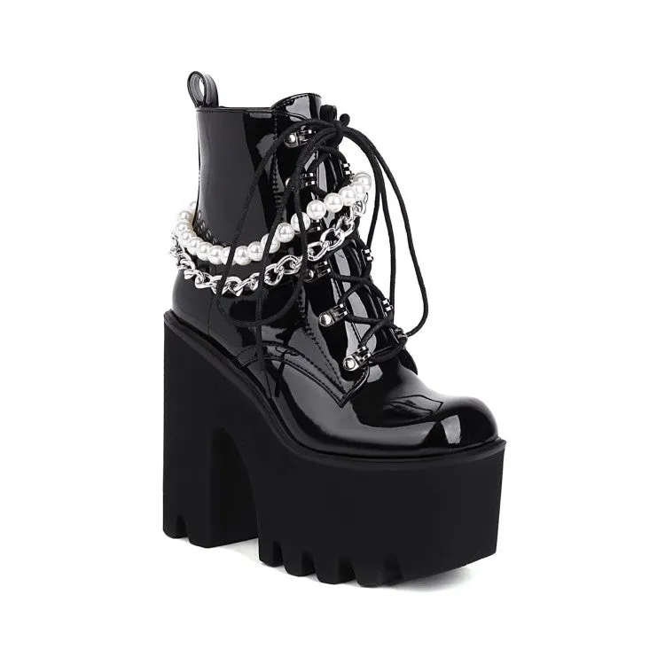 Women's Pu Leather Lace Up Metal Pearls Chains Block Chunky Heel Platform Riding Ankle Boots