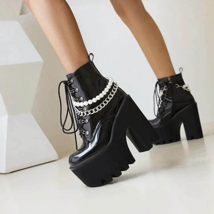 Women's Pu Leather Lace Up Metal Pearls Chains Block Chunky Heel Platform Riding Ankle Boots