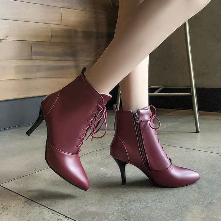 Women's Pu Leather Pointed Toe Lace Up Stiletto Heel Short Boots