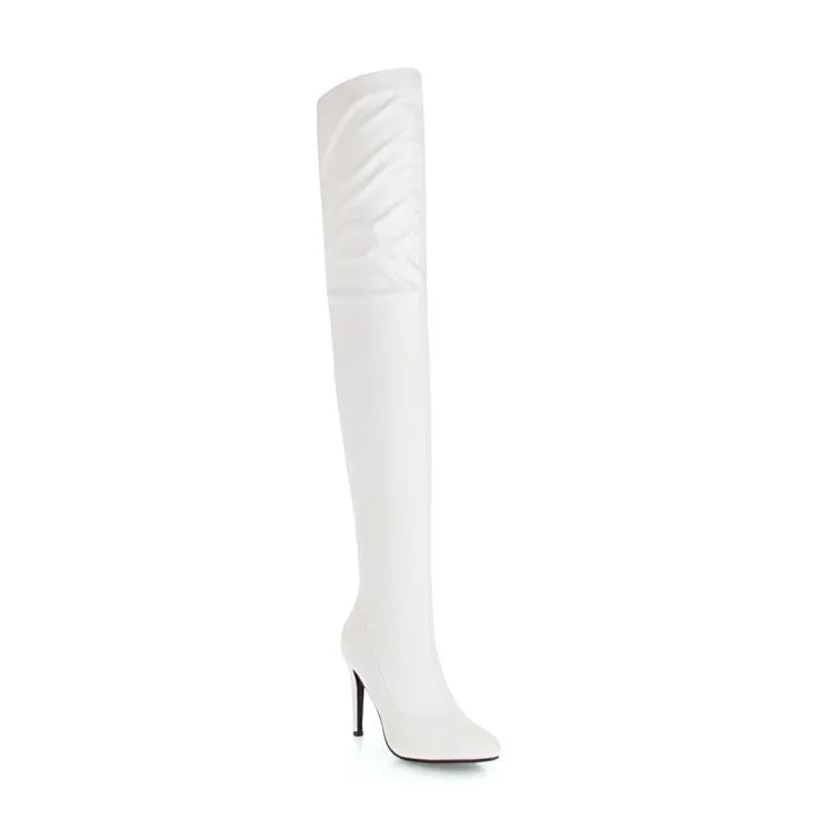 Women's Pu Leather Pointed Toe Stitching Stiletto Heel Over the Knee Boots