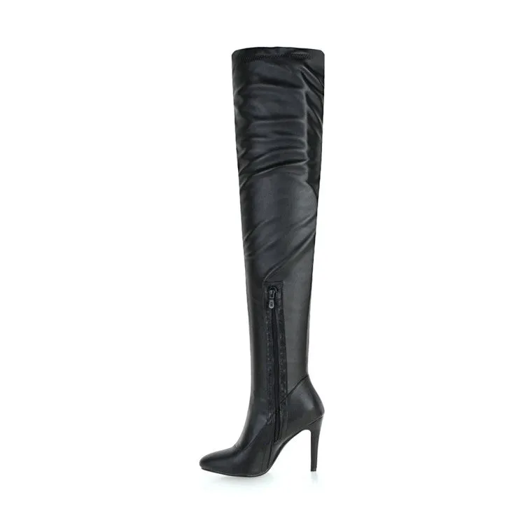 Women's Pu Leather Pointed Toe Stitching Stiletto Heel Over the Knee Boots