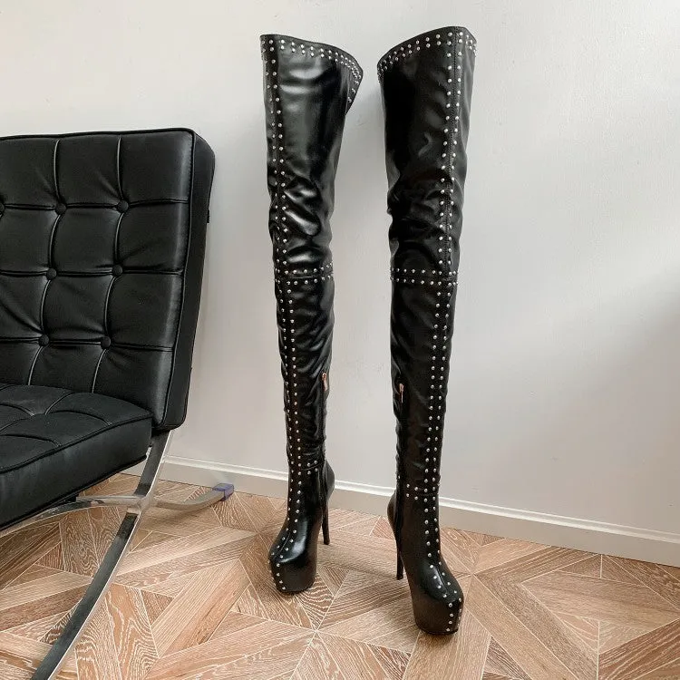 Women's Pu Leather Round Toe Rivets Patchwork Stiletto Heel Platform Over the Knee Boots