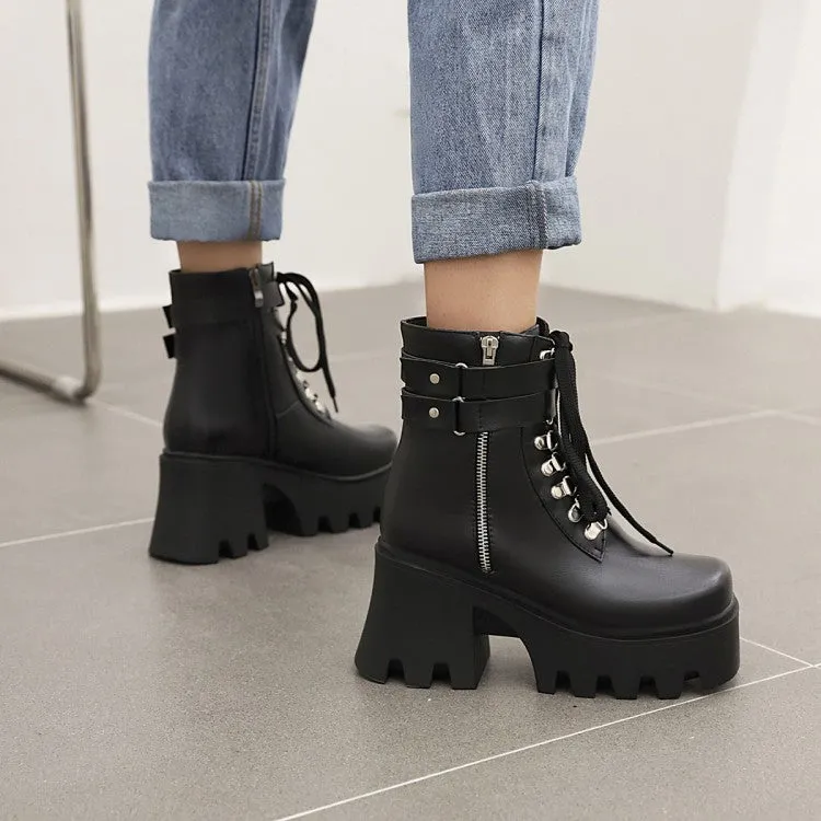 Women's Pu Leather Square Toe Tied Belts Buckles Side Zippers Chunky Heel Platform Short Boots