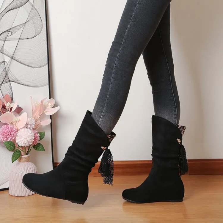 Women's Round Toe Back Tassel Flat Inside Heighten Mid Calf Boots