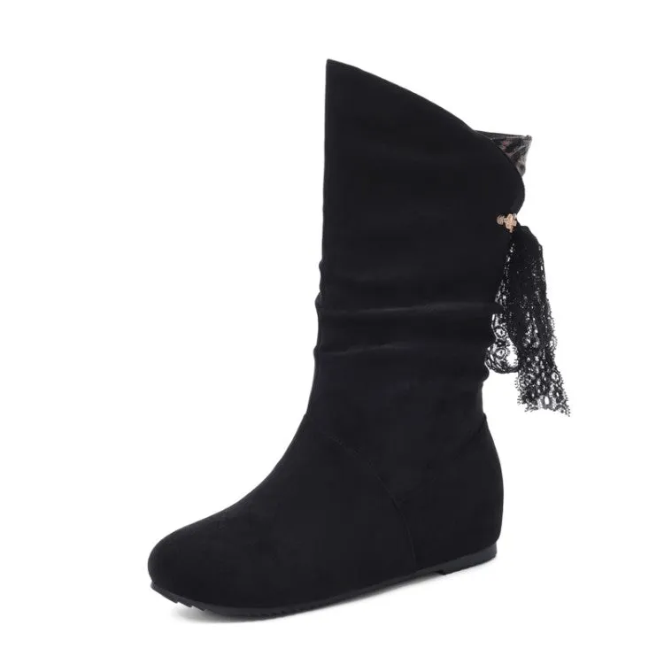 Women's Round Toe Back Tassel Flat Inside Heighten Mid Calf Boots