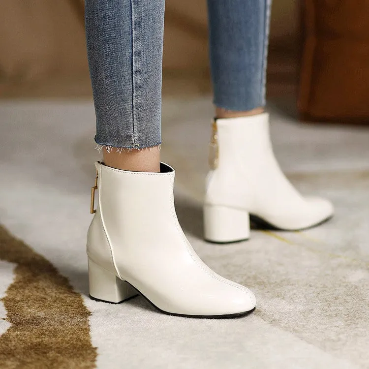 Women's Round Toe Back Zippers Block Chunky Heel Short Boots