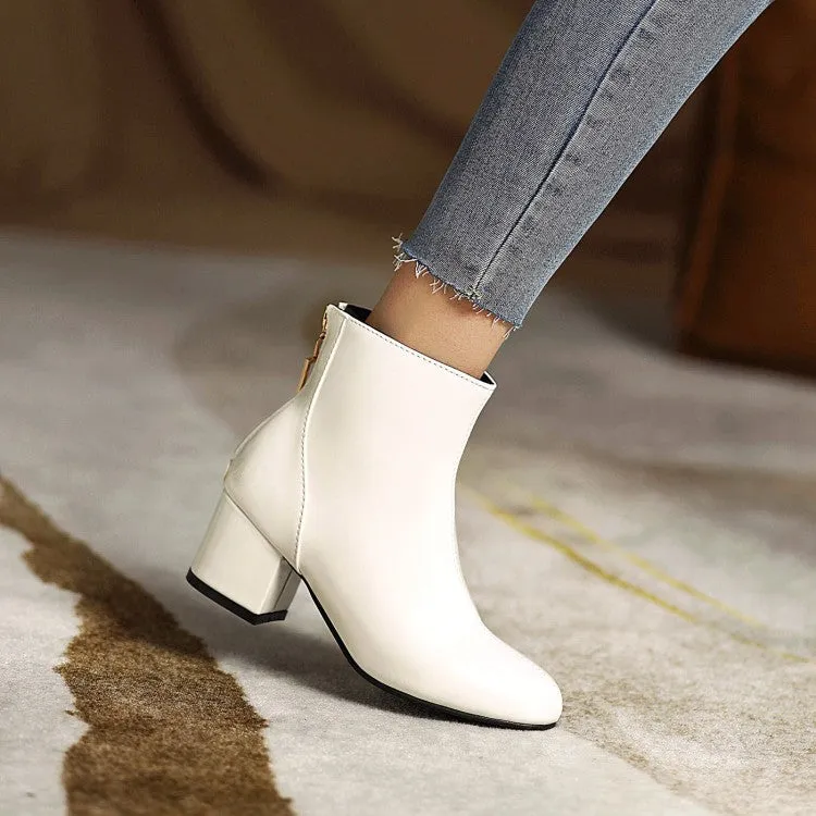 Women's Round Toe Back Zippers Block Chunky Heel Short Boots