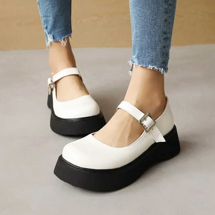 Women's Round Toe Mary Janes Shallow Flat Platform Pumps