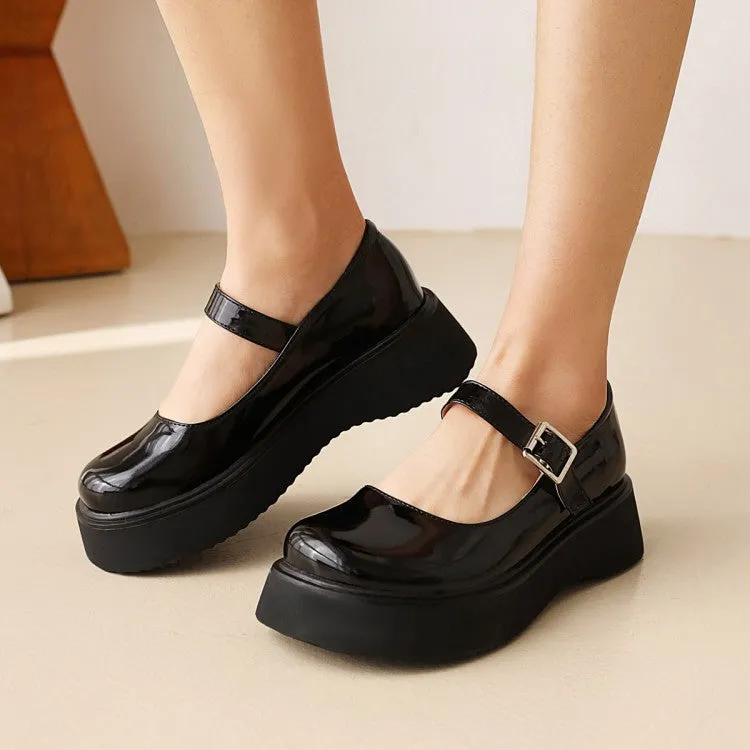 Women's Round Toe Mary Janes Shallow Flat Platform Pumps