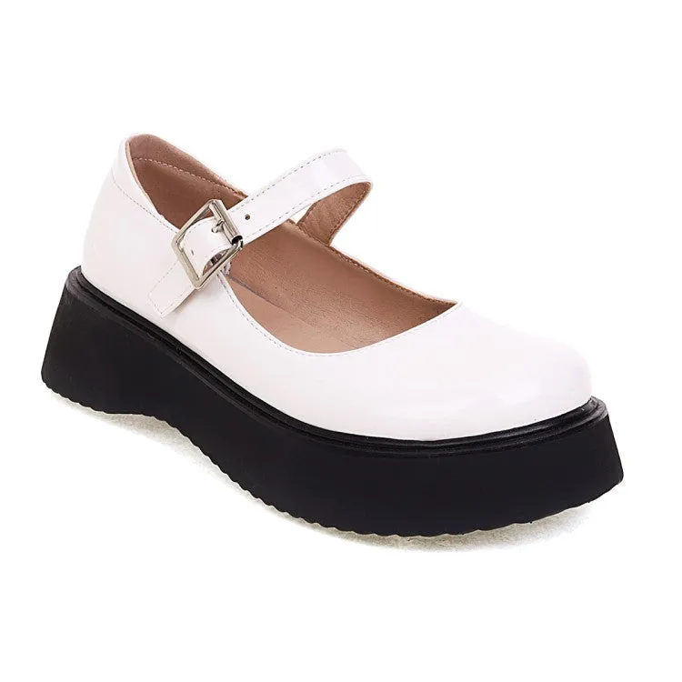 Women's Round Toe Mary Janes Shallow Flat Platform Pumps