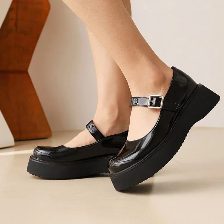 Women's Round Toe Mary Janes Shallow Flat Platform Pumps