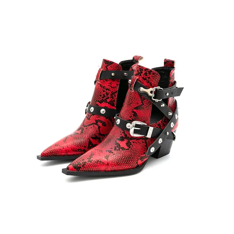 Women's Snake-printed Pointed Toe Rivets Buckle Straps Block Chunky Heel Short Boots